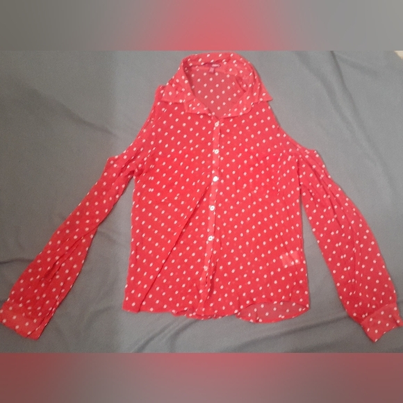 Women's Bongo Top Polka Dots Lightweight Button Up Cut Out Shoulders Size Medium - Picture 4 of 4